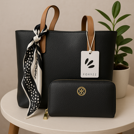 FLB-010  Foxyzz Premium Tote & Wallet Set – Elegant Black Edition